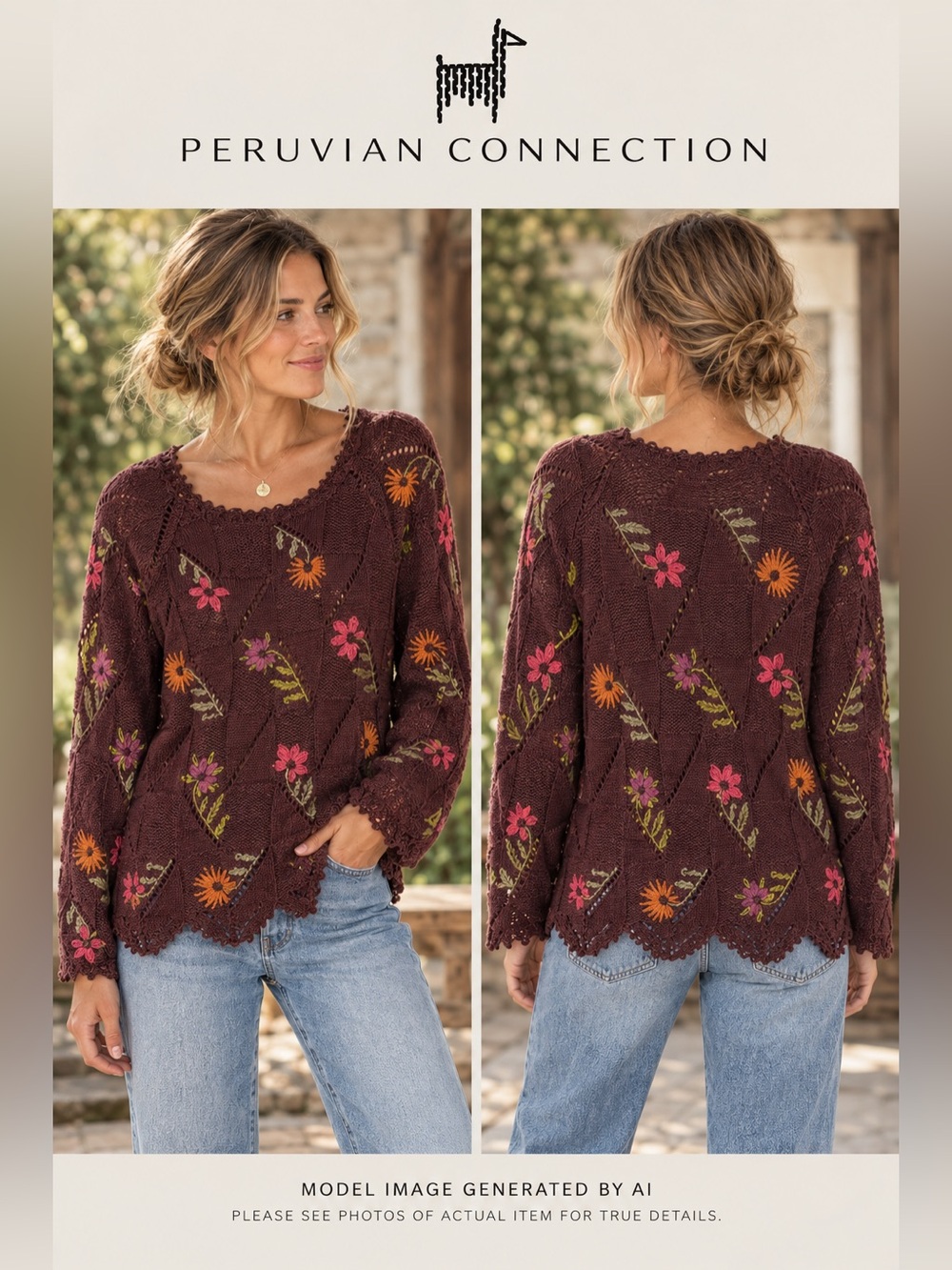 Peruvian Connection L Embroidered Pima Cotton Open Knit Floral Sweater Boho Art